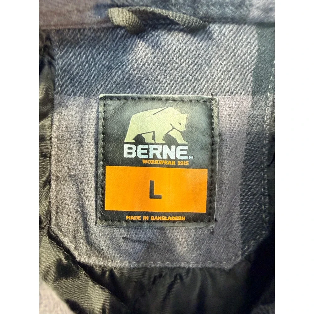 Berne Matco Tools Quilted Lined Flannel Shirt Jacket Grey Black Plaid Mens L